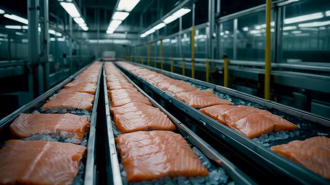 Fresh Salmon Fillets on Conveyor Belts in Modern Fish Processing Factory with Ice