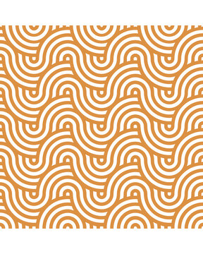 Seamless vector pattern featuring a rhythmic, interlocking design of concentric wave and semi-circle lines. The bold geometric wave motif, presented in warm orange/ochre and light gray, embodies the p
