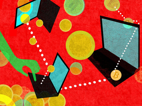 Hand transferring cryptocurrency using laptop