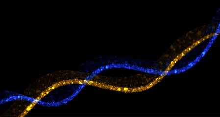 Abstract glowing light waves in blue and gold on a dark background. Dynamic energy lines with sparkling particles, perfect for modern backgrounds, motion graphics, video intros, music visuals