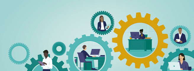 Cogs connecting business people