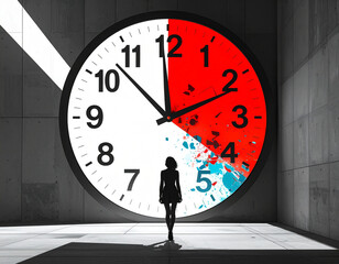 Time concept fantasty scene of a human silhouette stands against a massive clock
