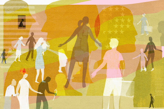 Abstract pattern of people on the move and United States flag
