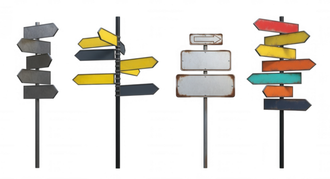 Directional signs pointing different ways isolated on a transparent background