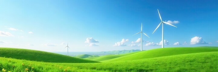 Fototapeta premium A realistic mockup of a wind power turbine on a green landscape with clear skies, showcasing renewable energy and sustainability , landscape, electricity