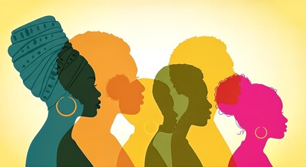 Stunning silhouettes of diverse women celebrate heritage and beauty with vibrant colors and bold hairstyles, conveying strength and unity in a modern artistic style.