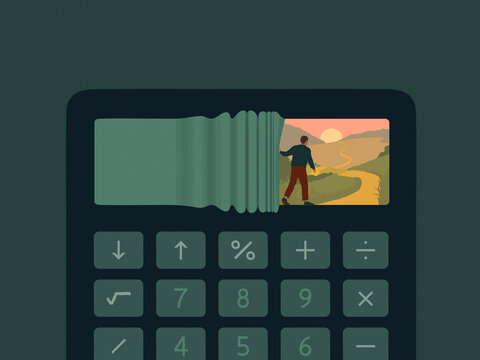 Man looking at path ahead on calculator screen