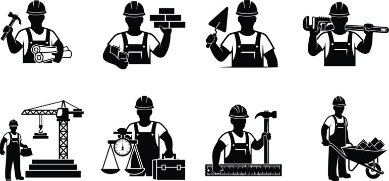 Construction worker silhouette set, builder icon vector, labor tools illustration, masonry plumbing demolition graphic, black and white artwork, cad drawing flat vector illustration