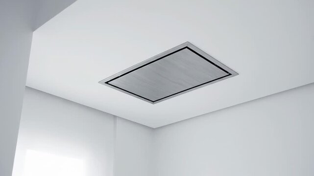 Modern ceiling extractor hood for a minimalist kitchen. Stainless steel appliance installed on a white suspended ceiling in a bright room