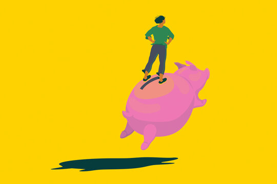 Woman riding a flying piggy bank 