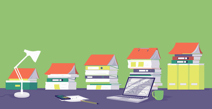 Piles of paperwork forming rising row of houses