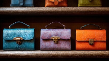 colorful textured leather bags on shelf