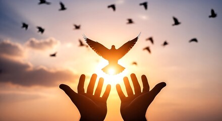 Hopeful hands release a silhouette dove into a vibrant sunset sky with flocking birds soaring above during golden hour