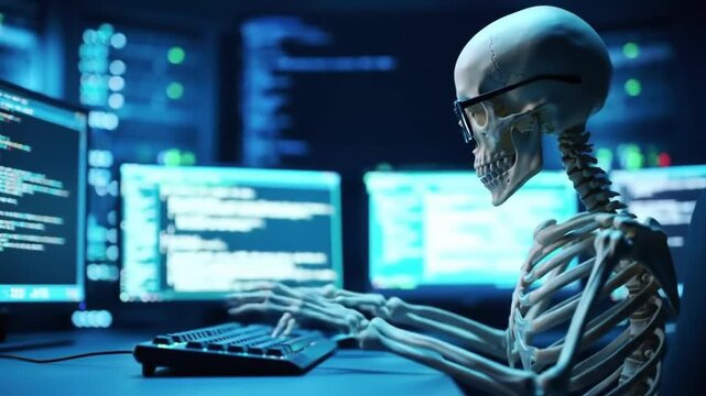 A skeleton working at a computer in a modern setting, with code on the screen - Powered by Adobe