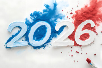 White “2026” digits with blue and red powder splashes and paintbrush—dynamic, artistic composition blending celebration, creativity, and bold visual impact. generative ai