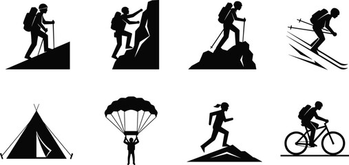 Outdoor adventure silhouette set, hiking climbing skiing vector, camping tent parachuting cycling illustration, sports activity graphic, cad drawing flat vector illustration
