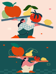 Woman balancing oversized fruits on a plank &ndash; modern flat vector illustration, banner, health, packaging, Playful, geometric flat-style