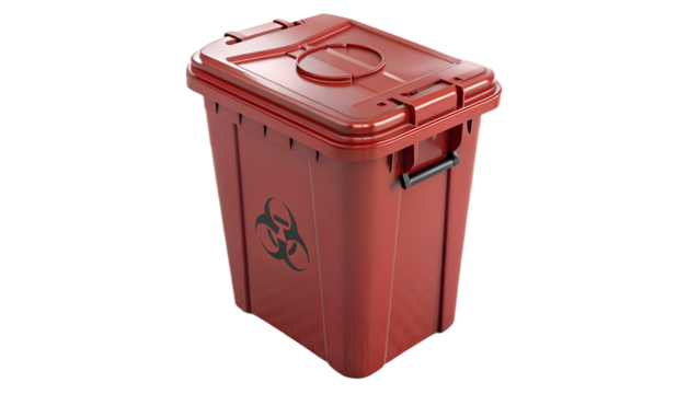 Red biohazard bin with lid and label, isolated transparent background, realistic clean lighting.