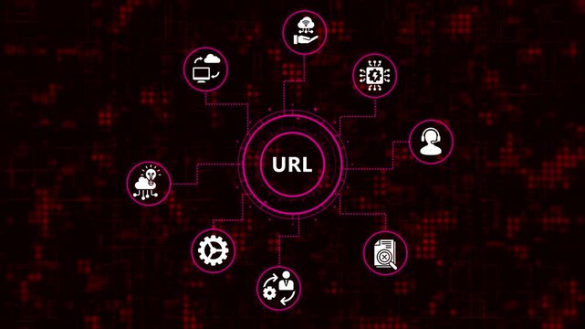 The url icon is in the center of the screen around the url icon are icons for cloud computing, data processing, customer service, and fingerprint scanning