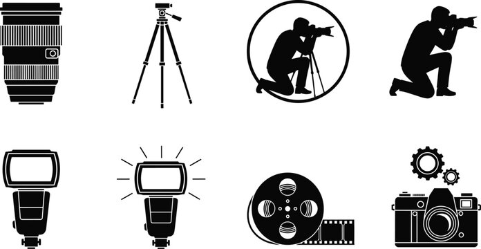 Photography icon set, camera lens vector, tripod illustration, photographer silhouette design, film reel artwork, flash symbol graphic, cad drawing flat vector illustration