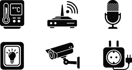 Smart home device icon set, thermostat router microphone vector, light control surveillance camera plug illustration, technology graphic, cad drawing flat vector illustration