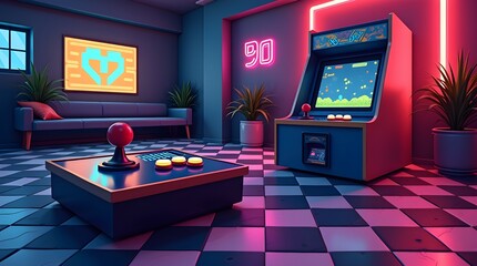 Retro 90s Gaming Scene Vector – Pixel Art Joystick and Neon Arcade Screen