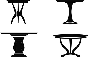 Round table silhouette set, furniture base vector, ornate pedestal design, classic interior decor illustration, black and white artwork, cad drawing flat vector illustration