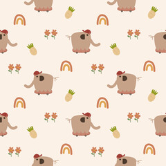 Fototapeta premium Elephant and hat play skateboard cartoon so cute. On rainbow flower pineapple background. Pattern seamless vector illustration. 