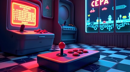 Retro 90s Gaming Scene Vector – Pixel Art Joystick and Neon Arcade Screen
