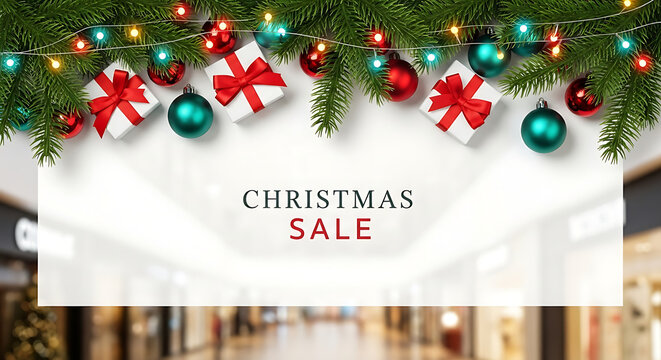 Christmas sale banner with pine branches ornaments and gifts - Powered by Adobe