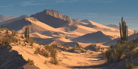 Fototapeta premium Bold Desert Landscape Painting with Sand Dunes and Cacti Under Sun