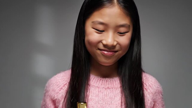 Young asian girl perfumer choosing and smelling different scents from bottles. The little girl is selecting her favorite perfume fragrance