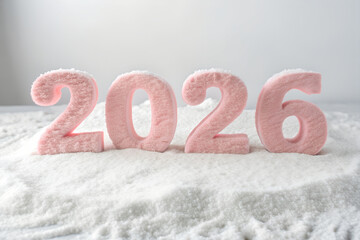 Textured pink “2026” digits on snowy white surface—minimal winter scene blending softness, celebration, and seasonal charm with a clean, modern backdrop. generative ai