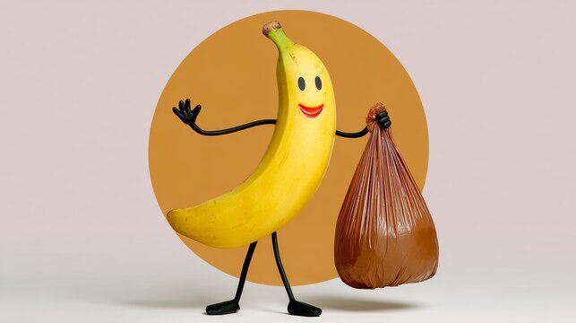 Cheerful banana character with arms and legs, holding a brown bag, standing against a circular orange background, showcasing a playful and whimsical concept of fruit personification