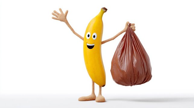 Cheerful banana character with arms raised, holding a brown bag, showcasing a playful and humorous approach to waste management and environmental awareness in a vibrant, cartoonish style