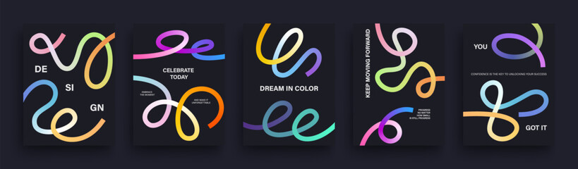 Set of vibrant, colorful abstract posters features flowing ribbon like shapes paired with bold, motivational and celebratory text. Vector illustration