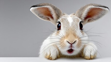 Obraz premium Cute rabbit with large ears and expressive eyes, peering over a white surface, showcasing its fluffy fur and curious expression, perfect for animal lovers and pet enthusiasts