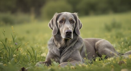 A Weimaraner dog rests in a meadow, looking directly at the camera with a gentle gaze