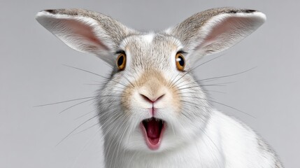 Obraz premium Surprised rabbit with wide-open mouth and expressive eyes, showcasing a mix of white and gray fur, against a soft gray background, capturing a moment of curiosity and wonder in animal photography