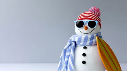 Cheerful snowman wearing sunglasses, striped scarf, and beanie, holding a colorful surfboard, set against a minimalistic background, embodying a playful winter beach theme with a fun twist