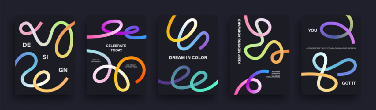 Set of vibrant, colorful abstract posters features flowing ribbon like shapes paired with bold, motivational and celebratory text. Vector illustration