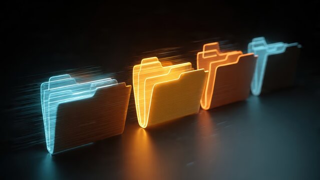 Futuristic digital folders in blue and orange hues, representing data organization and speed, with motion effects suggesting transfer and efficiency.
