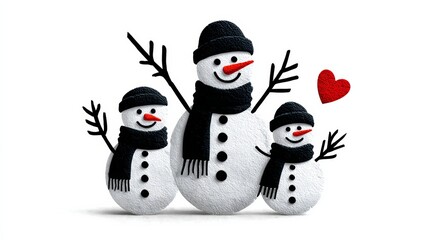 Three cheerful snowmen with black hats and scarves, standing together in a playful pose, showcasing a heart symbol, perfect for winter holiday themes and festive decorations