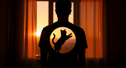 Man with Cat Silhouette on T-shirt Looking at Sunset | Back View of Mysterious Person Contemplating Nature for Lifestyle and Personal Identity Concepts