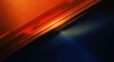 Abstract composition with diagonal split, fiery orange light streaks on dark blue