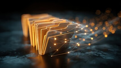 A visually striking depiction of glowing digital folders with light trails, symbolizing data management and digital organization.