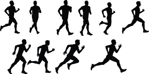 Runner silhouette vector sequence, jogging to sprinting poses, athletic stride illustration, human motion design, fitness training concept, sports biomechanics, healthy lifestyle graphics
