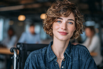 Confident white woman in a wheelchair: A close-up of a confident person with striking features and a gentle smile. White woman in wheelchair