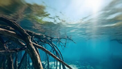 Underwater scene with sunlit turquoise water and tangled submerged tree roots. - Powered by Adobe