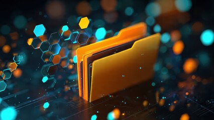 A vibrant digital illustration featuring yellow folders against a dark background with hexagonal patterns and glowing accents.